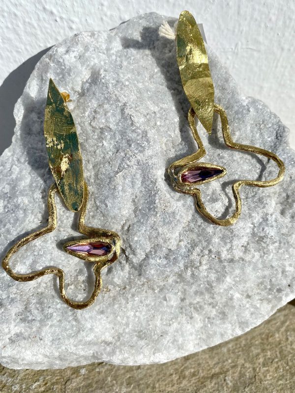 Gold earrings with purple stones